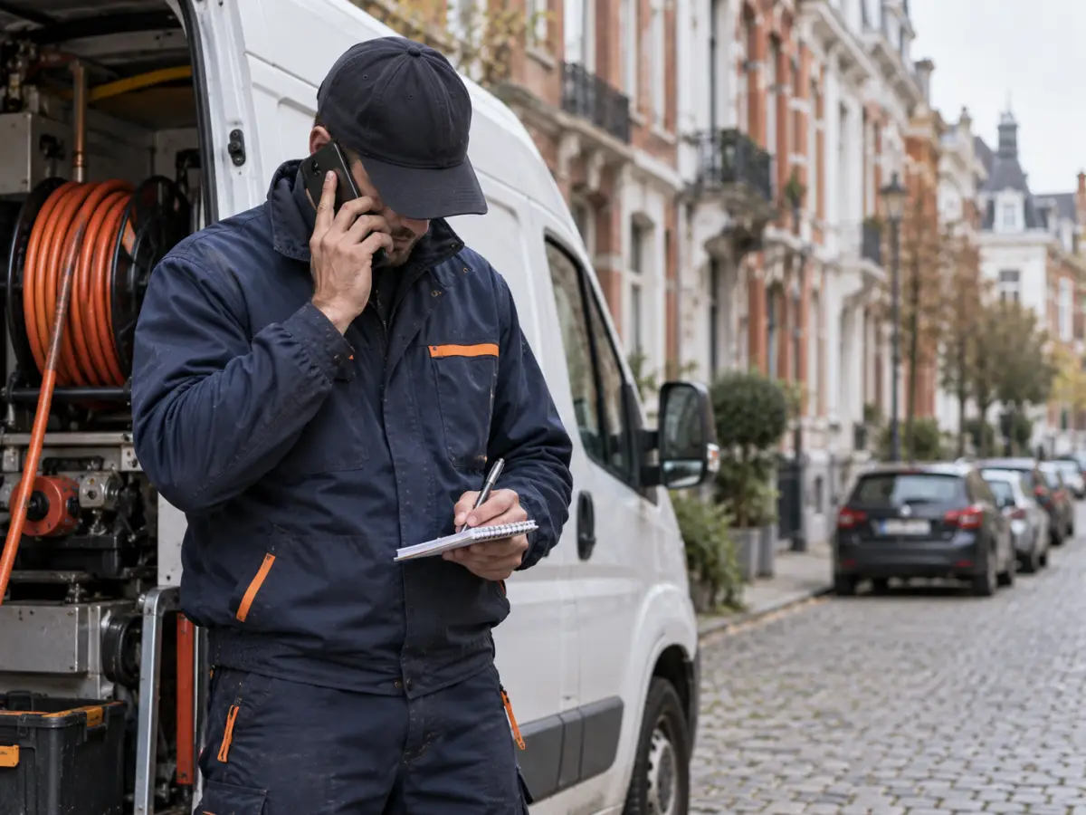 Technicien HelpDrain au téléphone, notant l'adresse et le problème d'un client à Bruxelles