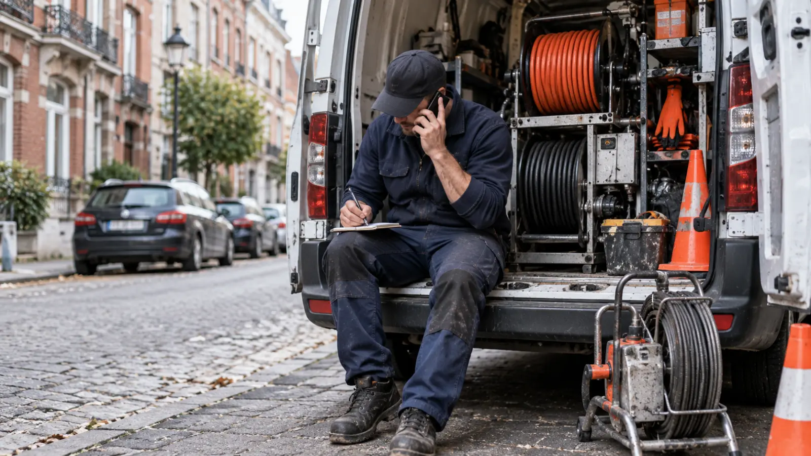Technicien HelpDrain prenant un appel et notant une adresse depuis sa camionnette à Bruxelles