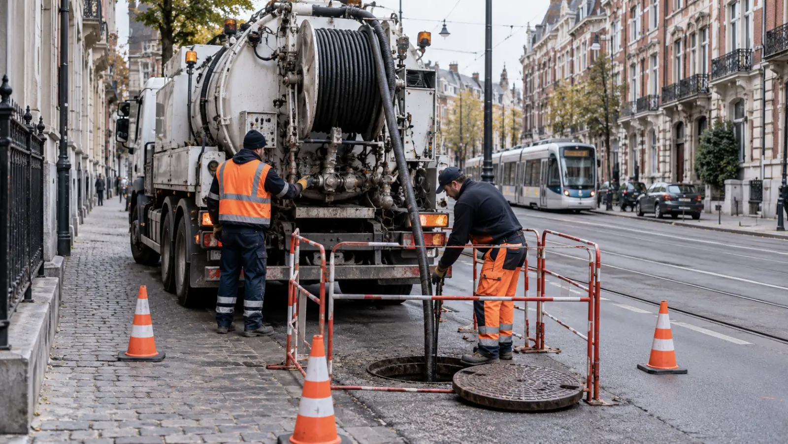 Curage d'égout au camion hydrocureur dans une rue de Bruxelles