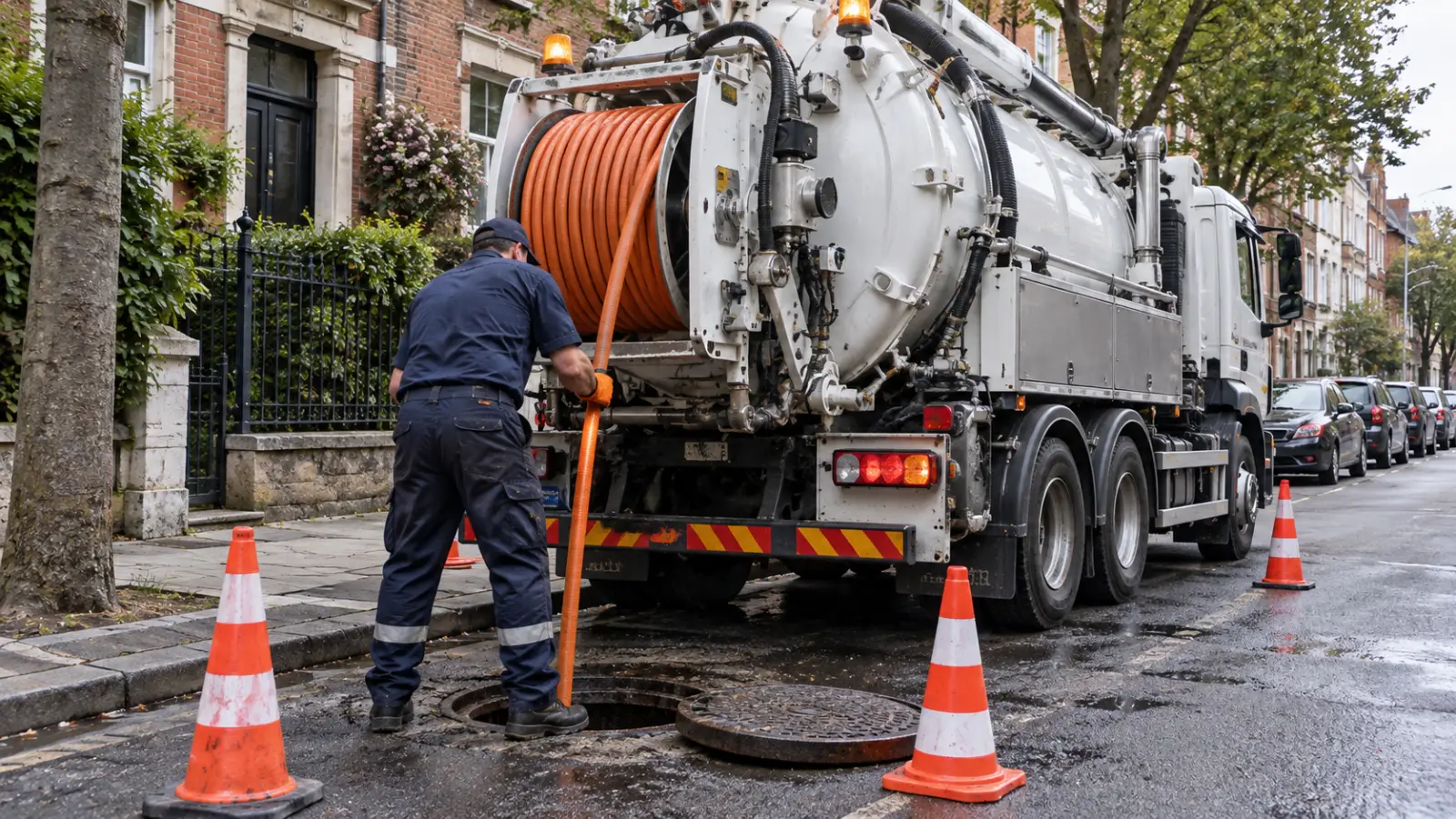 Camion hydrocureur en intervention dans une rue résidentielle de Bruxelles