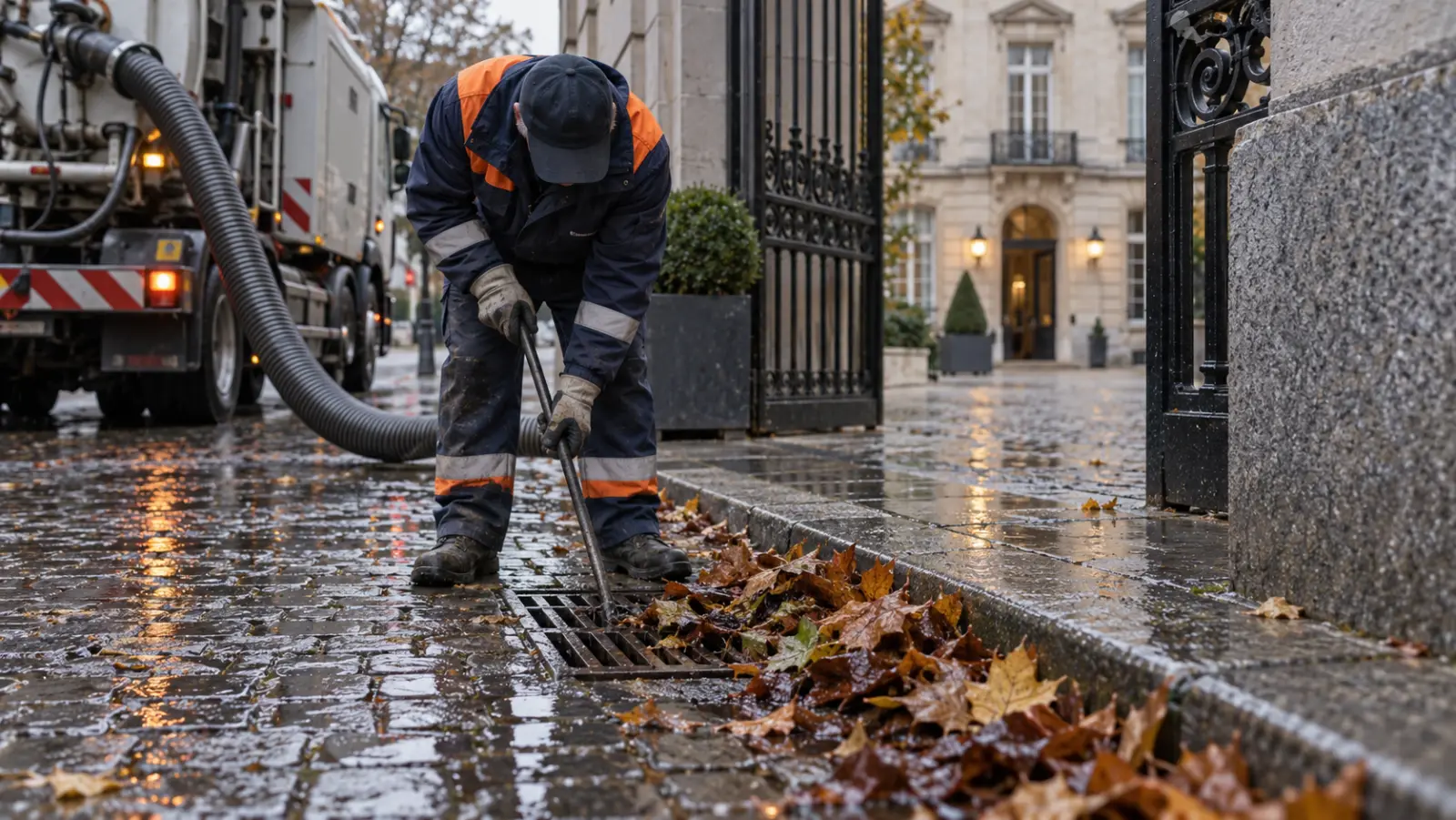 Débouchage d'un avaloir de cour après la pluie à Bruxelles