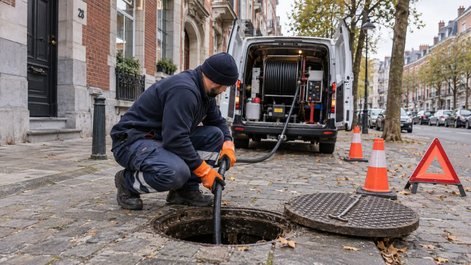 Débouchage d'égout par un technicien devant une maison de maître à Bruxelles