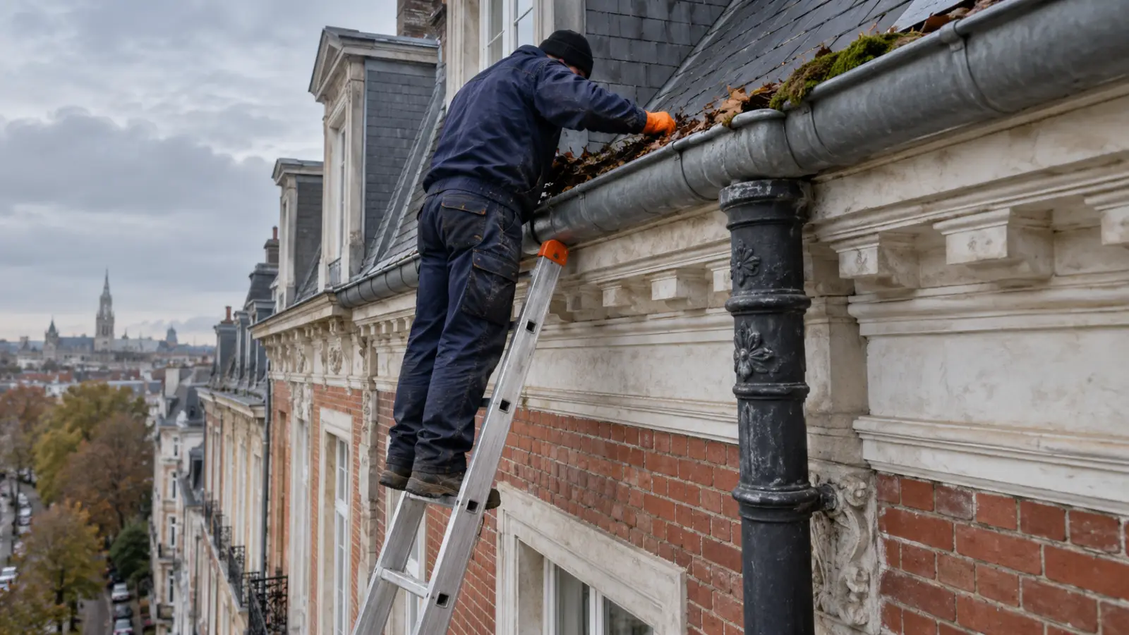 Débouchage d'une corniche et d'une descente pluviale sur une façade bruxelloise