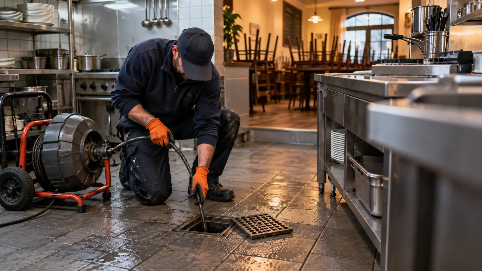 Débouchage du siphon de sol d'une cuisine de brasserie à Bruxelles avant le service