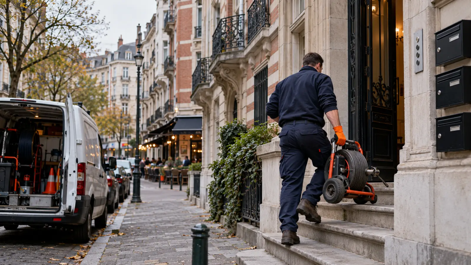 Déboucheur HelpDrain devant une maison de maître divisée en appartements à Ixelles, près de Flagey, camionnette et tuyau d'hydrocurage