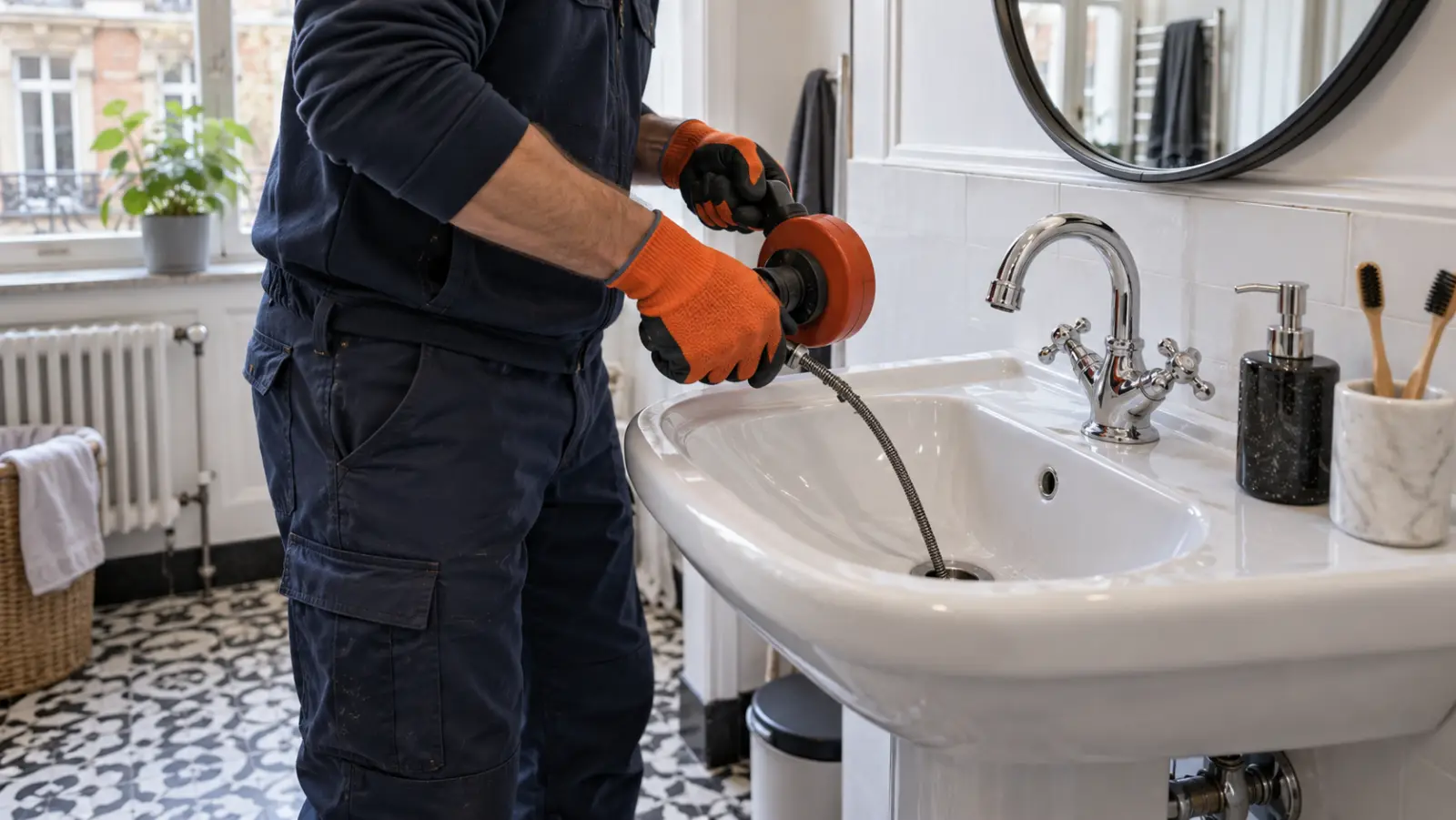 Débouchage d'un lavabo de salle de bain au furet à Bruxelles