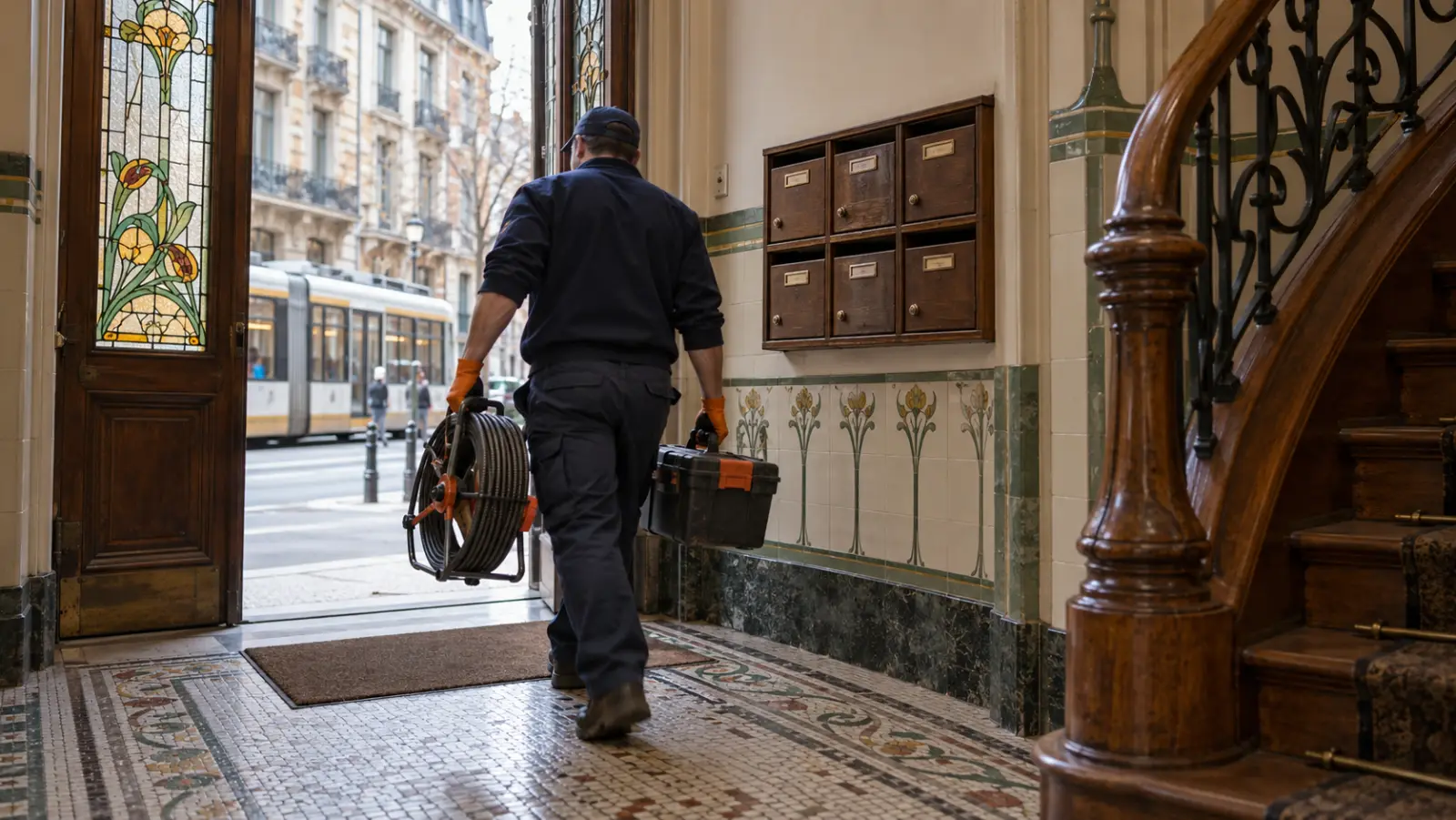 Technicien HelpDrain dans l'escalier d'une maison Art nouveau divisée en appartements à Saint-Gilles, matériel de débouchage