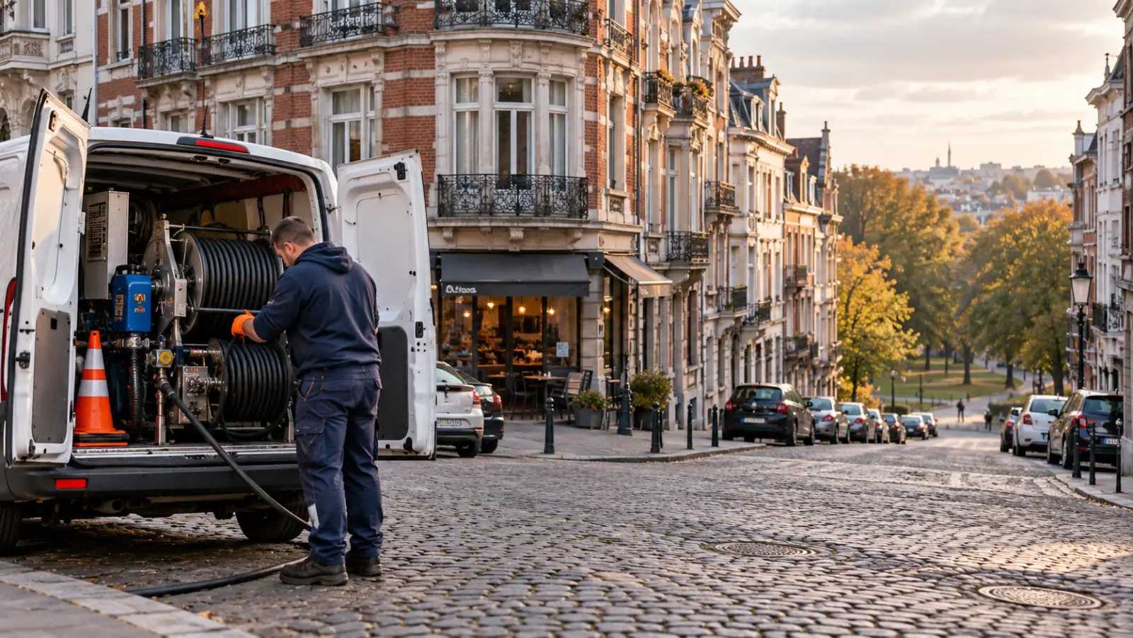 Déboucheur HelpDrain sur une rue en pente de Schaerbeek, avaloir ouvert et maisons 1900 en brique