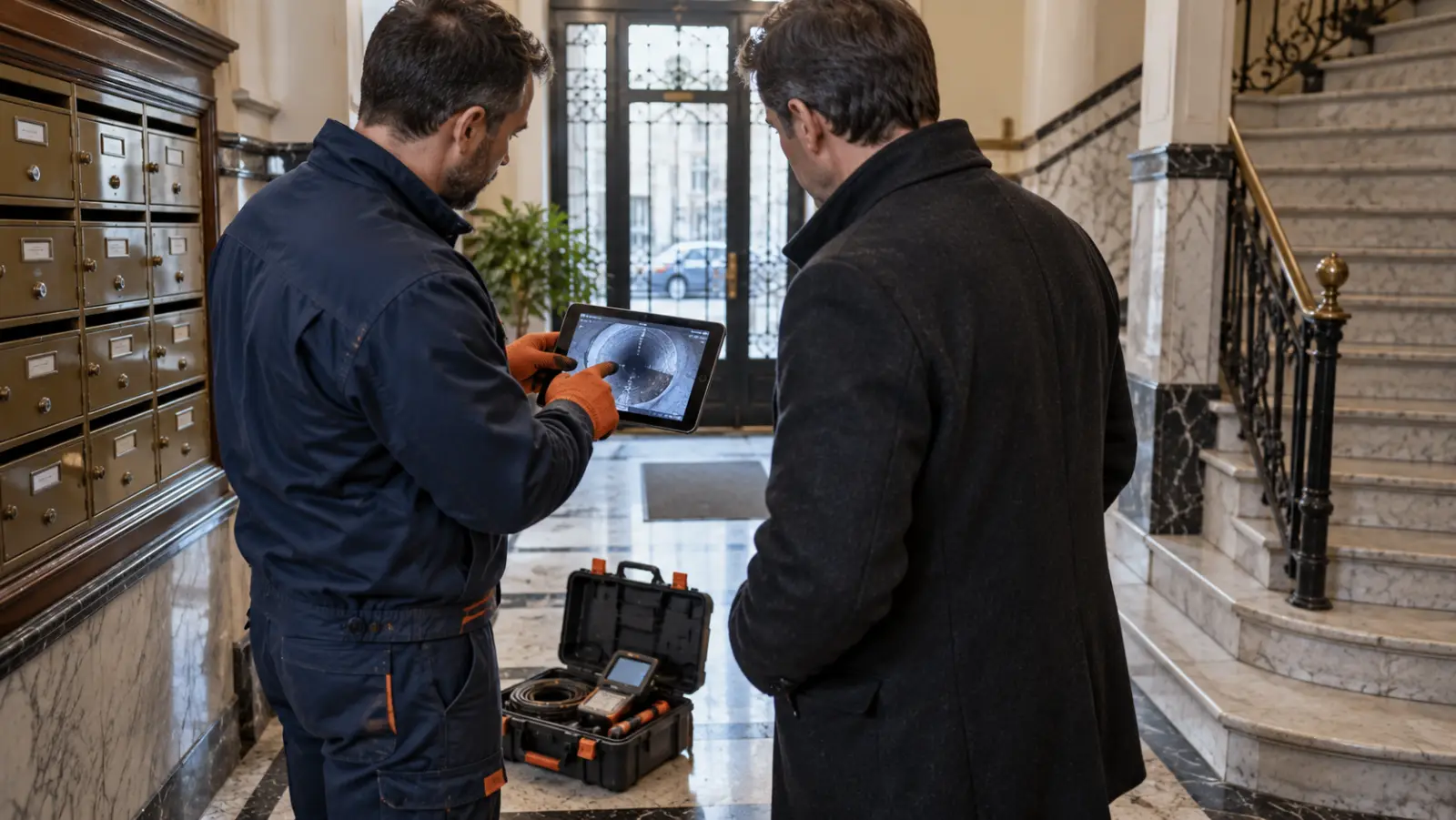 Technicien et syndic consultant un rapport caméra dans le hall d'un immeuble bruxellois