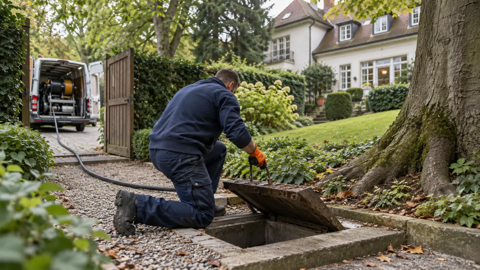 Technicien HelpDrain ouvrant une chambre de visite dans le jardin d'une villa à Uccle, grands arbres et racines