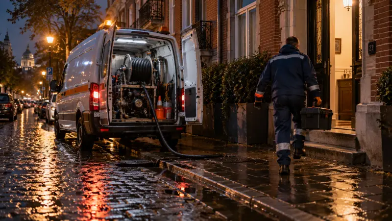 Camionnette HelpDrain de nuit devant une maison bruxelloise pour un débouchage urgent