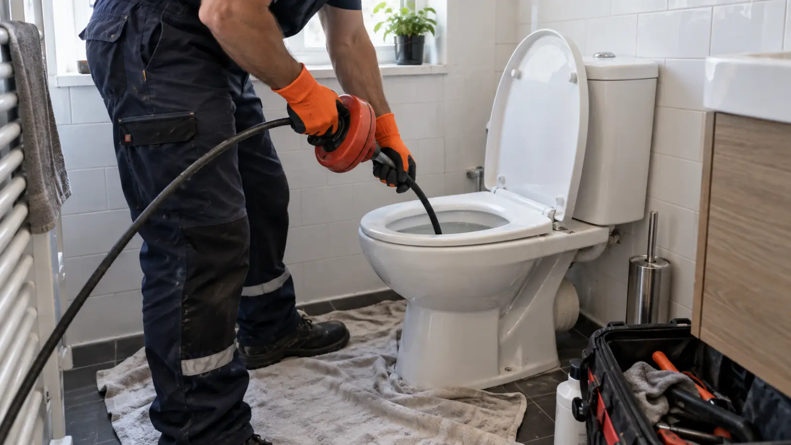 Débouchage d'un WC au furet professionnel dans une salle de bain bruxelloise