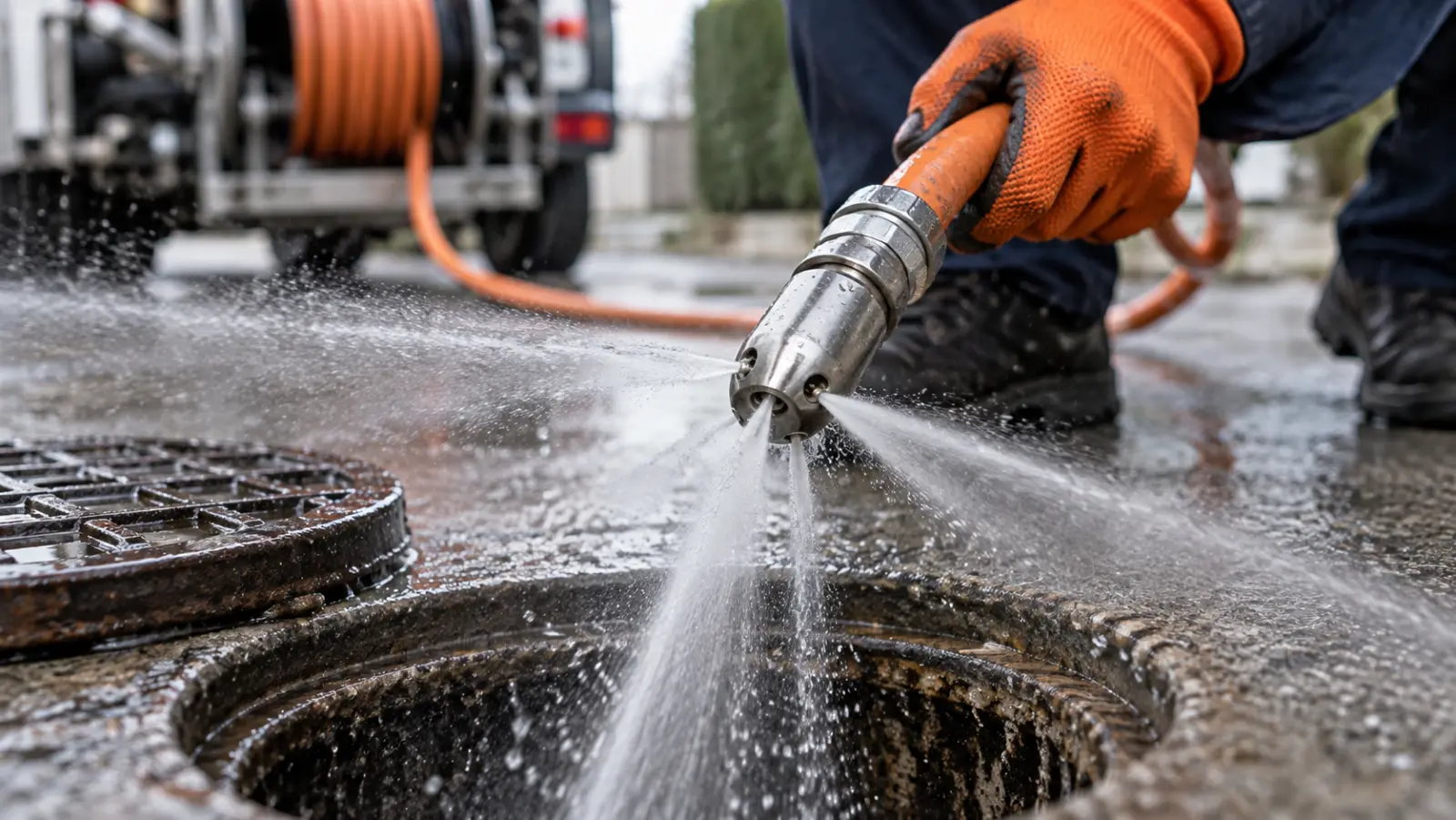 Buse d'hydrocurage haute pression au-dessus d'une canalisation à Bruxelles