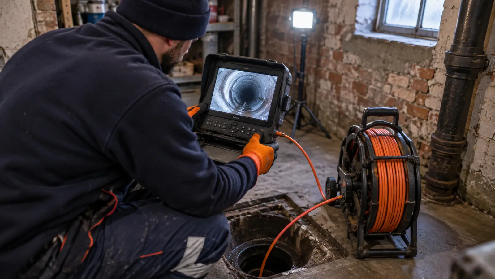 Inspection caméra de canalisation avec écran de contrôle dans une cave à Bruxelles