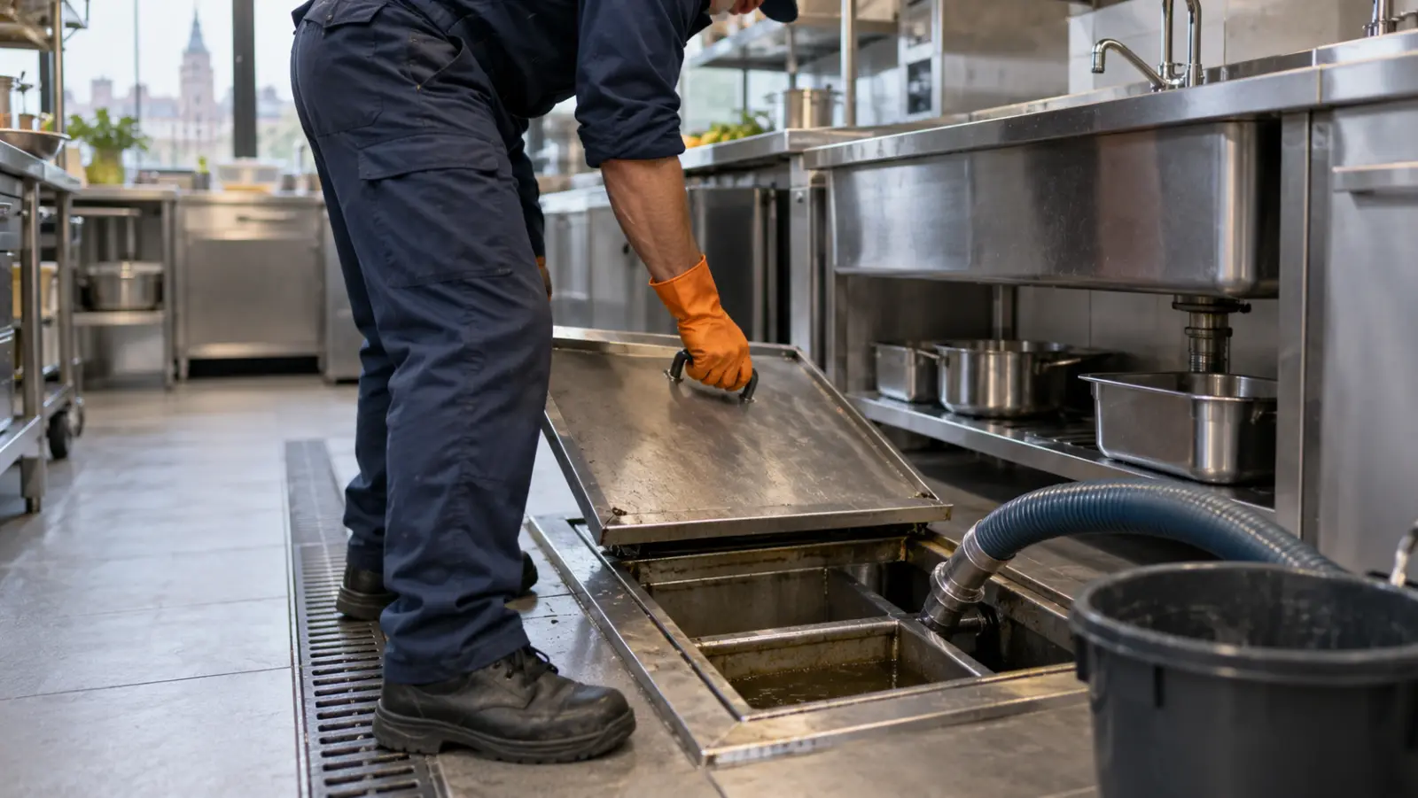Nettoyage d'un bac à graisse dans la cuisine d'un restaurant à Bruxelles