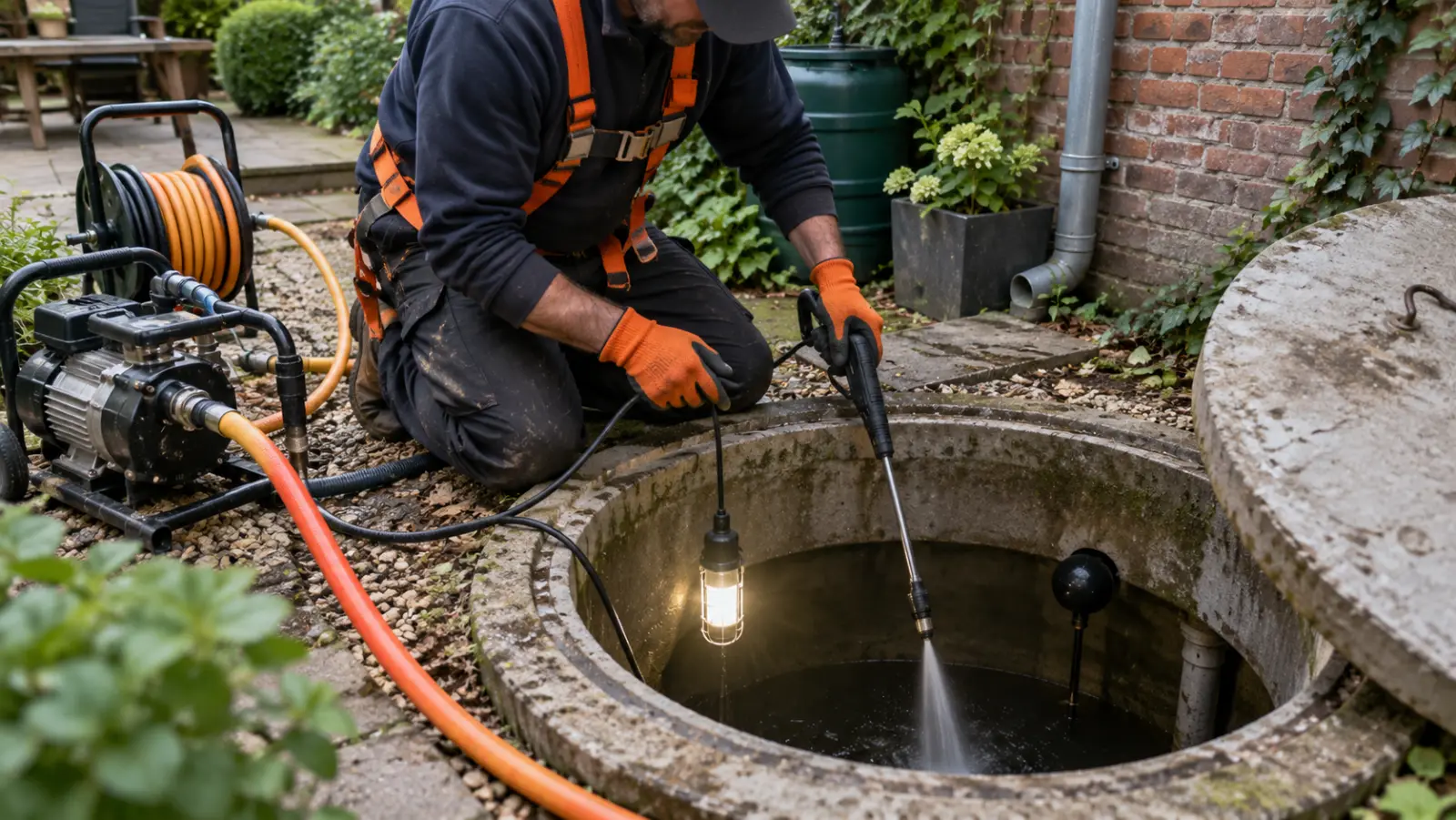 Nettoyage d'une citerne d'eau de pluie dans un jardin bruxellois