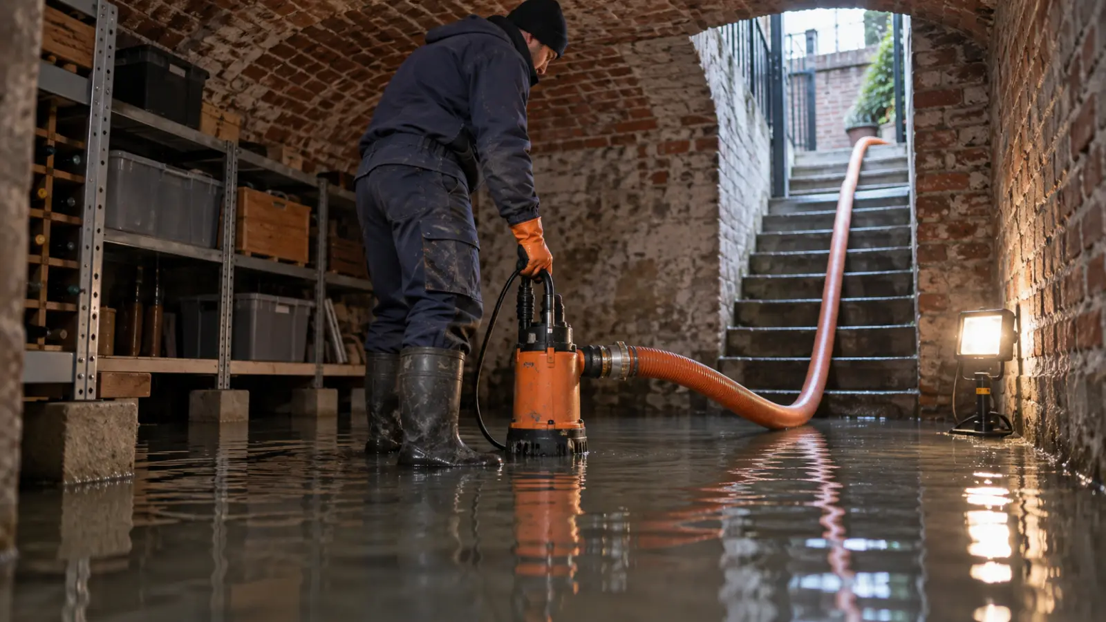 Pompage d'une cave inondée avec une pompe immergée à Bruxelles