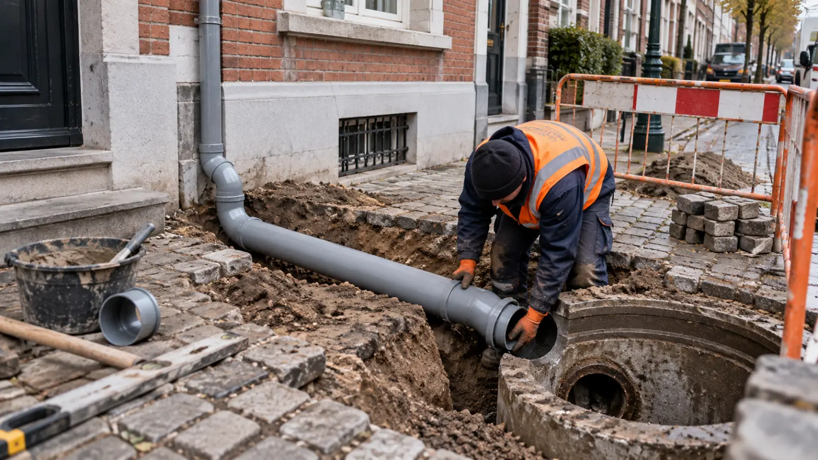 Raccordement d'une maison bruxelloise à l'égout public en tranchée sur le trottoir