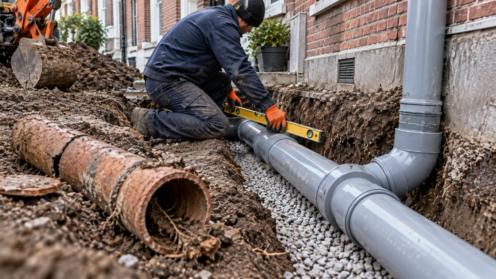 Remplacement d'une canalisation en grès par du PVC le long d'une maison bruxelloise