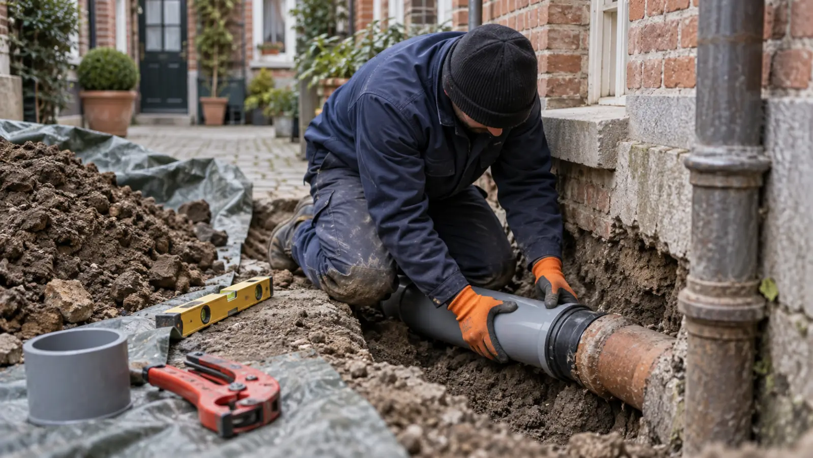 Réparation d'une canalisation en PVC dans une cour à Bruxelles