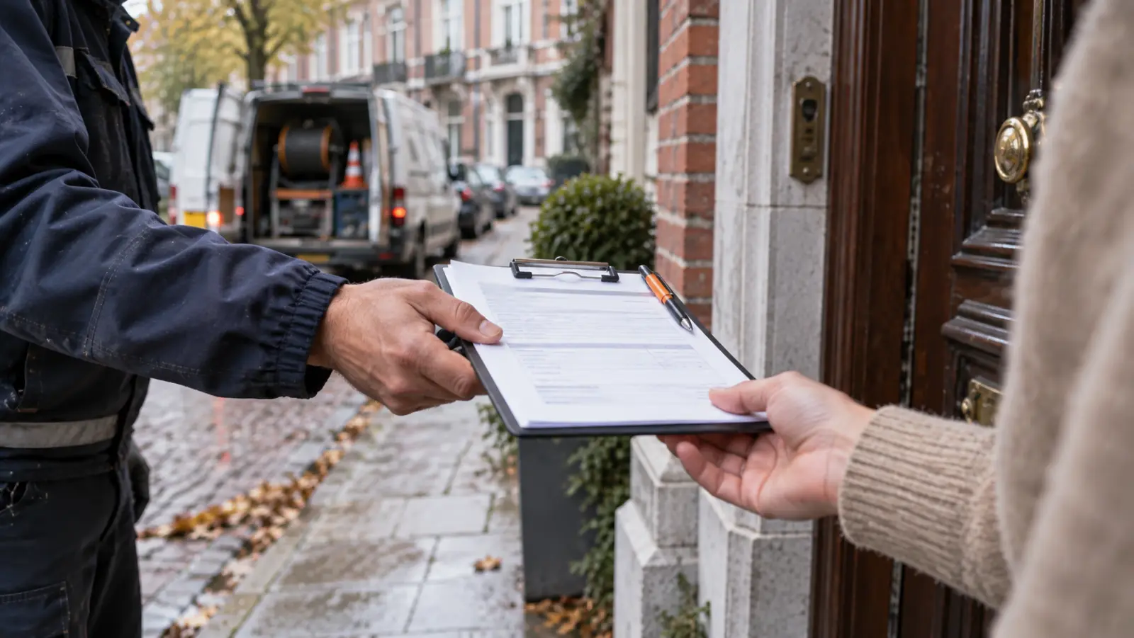 Devis de débouchage remis en main propre à la porte d'une maison bruxelloise