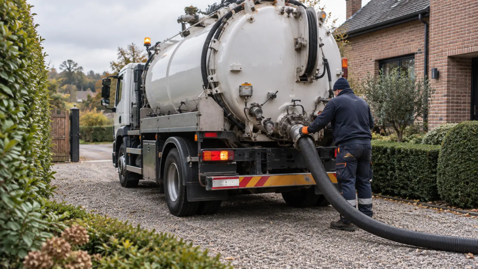 Camion de vidange raccordé devant une maison en périphérie de Bruxelles