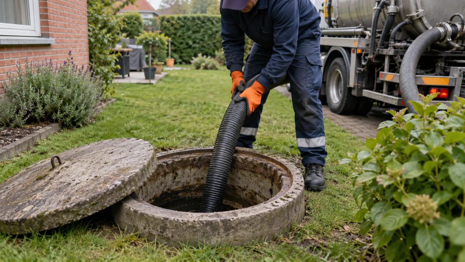 Vidange d'une fosse septique dans le jardin d'une maison près de Bruxelles