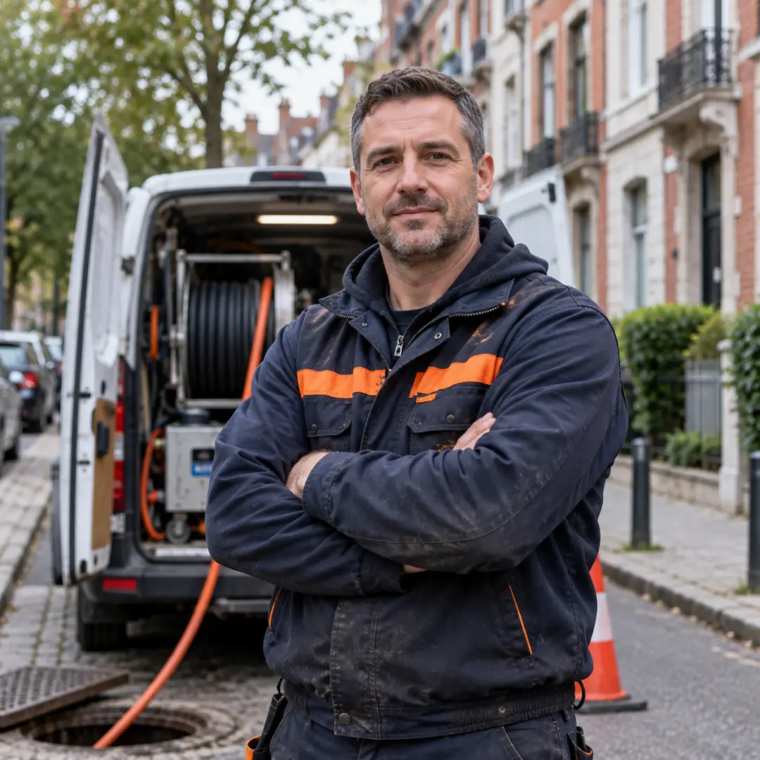 Technicien HelpDrain devant sa camionnette dans une rue de Bruxelles